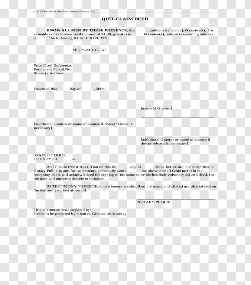 Ohio Quitclaim Deed Document Form Transparent PNG