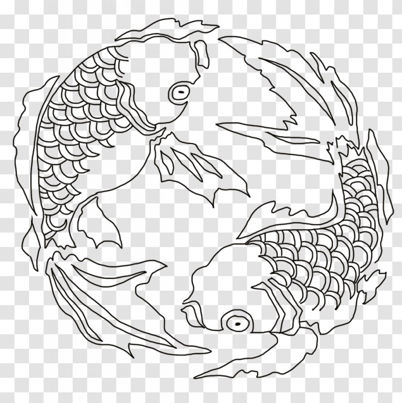 Koi Drawing Line Art White - Monochrome - Japanese Waves Transparent PNG