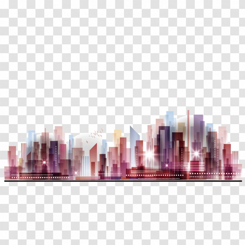 Vector City Colorful Buildings Group Night Sky - Pink - Violet Transparent PNG