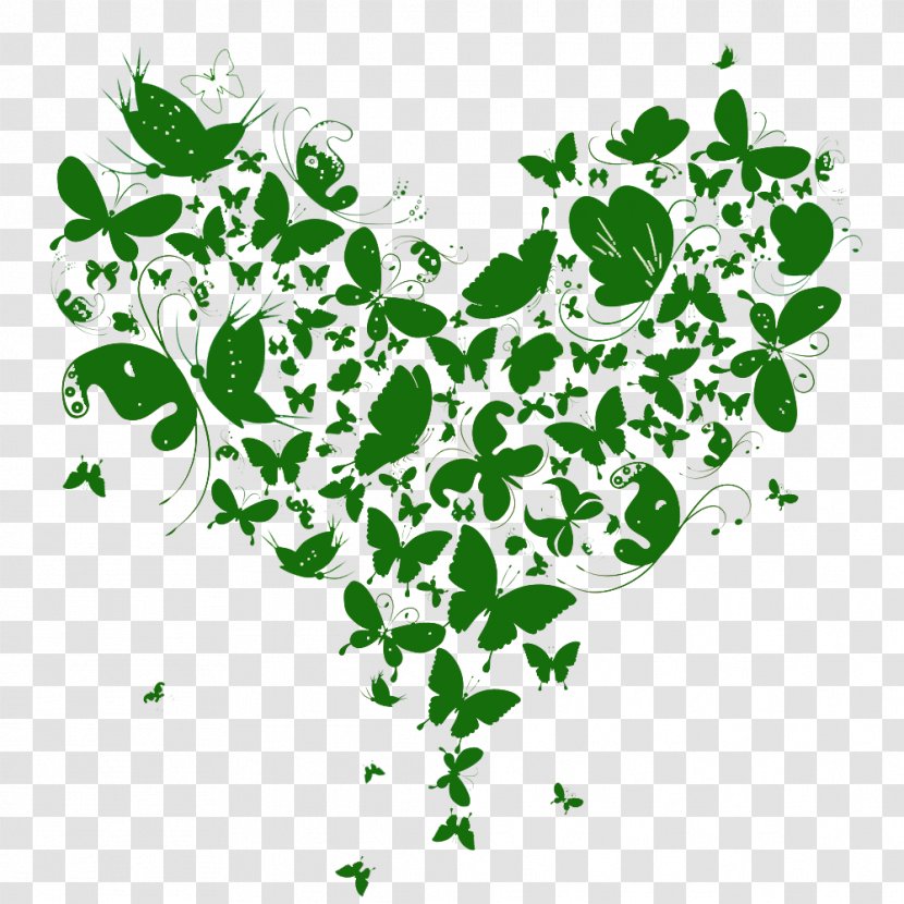 Butterfly Heart Illustration - Love Flowers And Green Background Transparent PNG