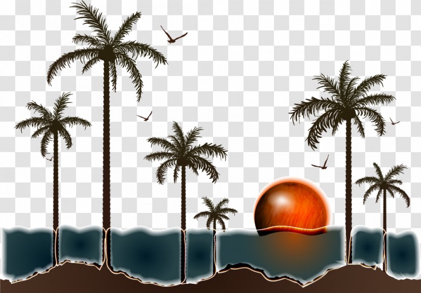 Fukei Cartoon Illustration - Tropics - Coconut Tree At Sunrise Vector Transparent PNG