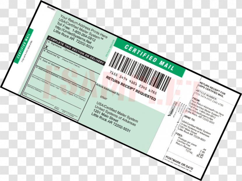 Certified Mail United States Postal Service Return Receipt Label - Postage Stamps - Envelope Transparent PNG