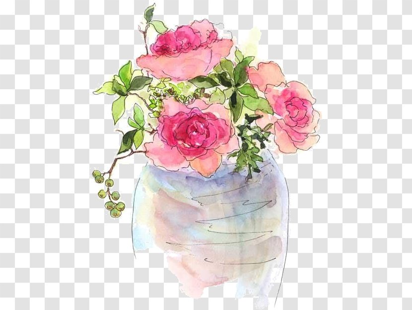 Watercolor Painting Artist Trading Cards Drawing Still Life: Vase With Pink Roses - Plant Stem - Rose Transparent PNG