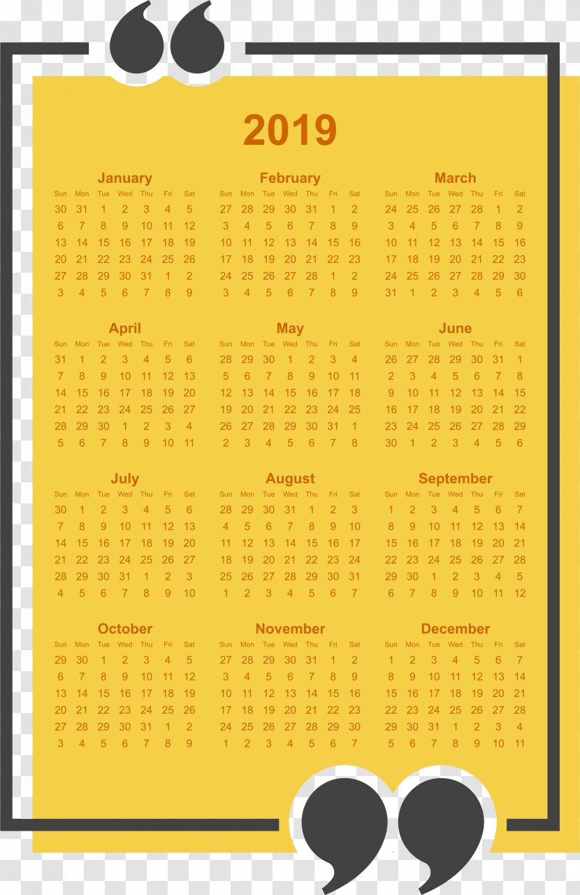 Simple 2019 Calendar With Holidays Printable Free. Transparent PNG