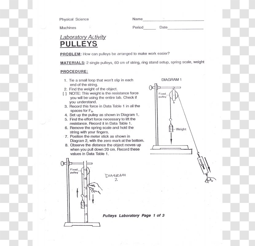 Pulley Simple Machine Laboratory Paper Science - Worksheet Transparent PNG