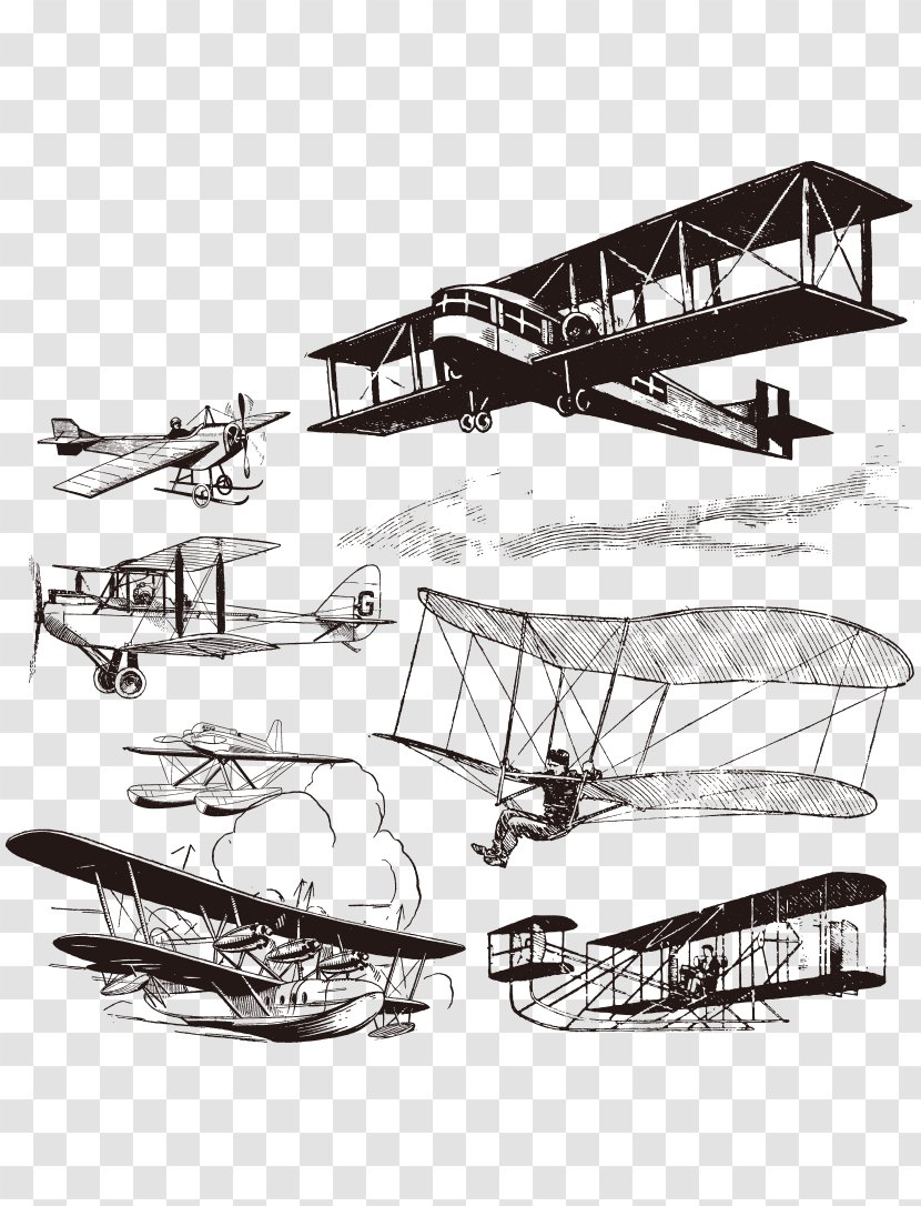 Airplane Antique Aircraft Aviation - Drawing - Hand-painted Black And White Historical Process Transparent PNG