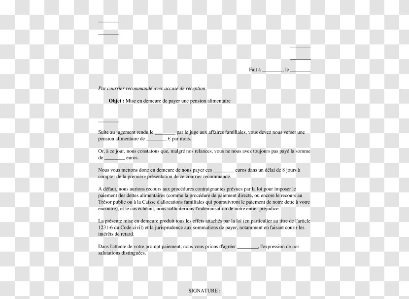 Mise En Demeure Droit Français Document Letter Form Payment - Payer Transparent PNG