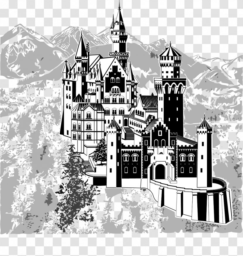 Neuschwanstein Castle Floors Black And White - Vector Hand-painted Transparent PNG