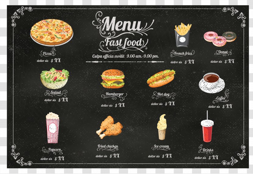 Hamburger Fast Food Hot Dog Cafe Menu - Pizza - Vector Painted Restaurant Transparent PNG