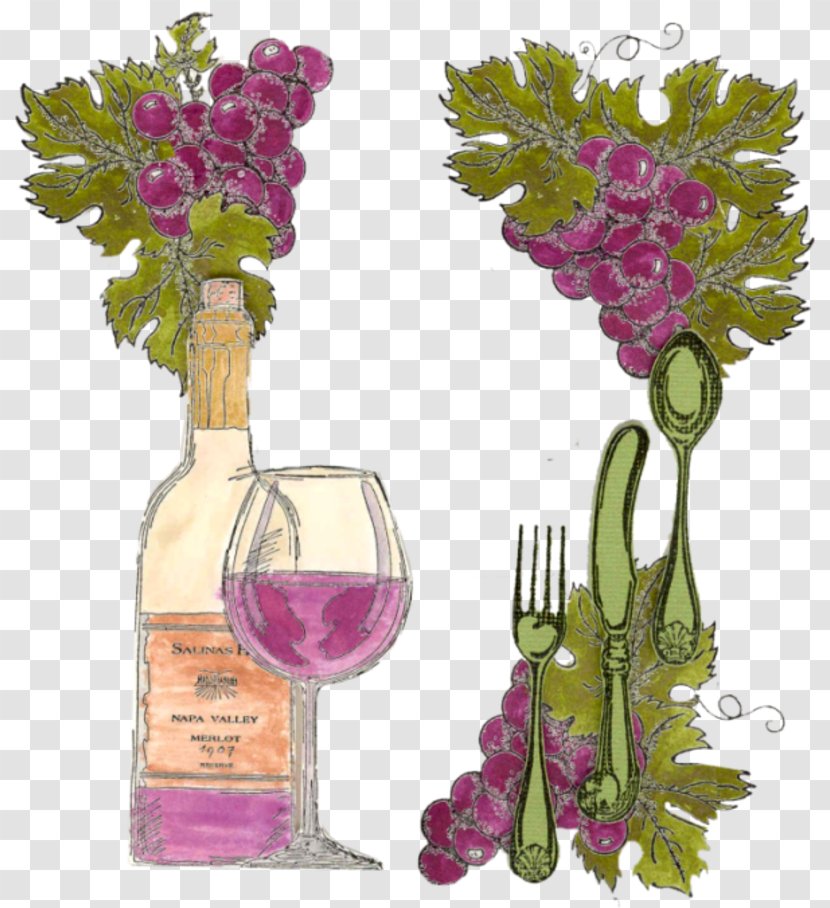 Grape Wine Glass Floral Design Bottle Transparent PNG