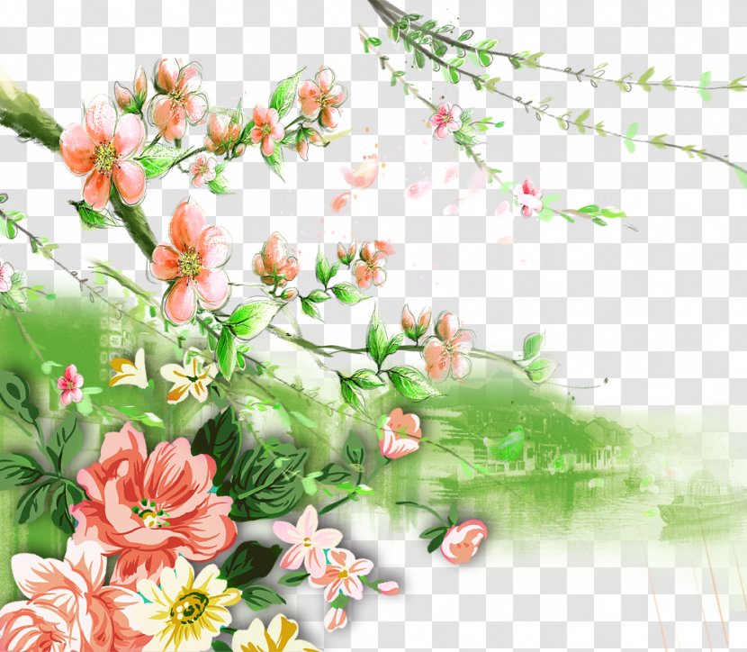 Floral Design Green - Flowering Plant - Peach Water Decoration Transparent PNG