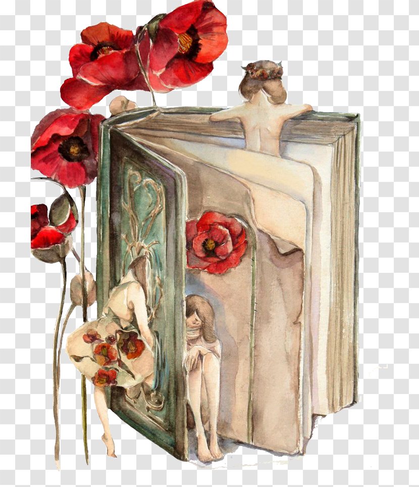 Catching Fire Book Reading Art Watercolor Painting - Flower Arranging - Creative Books Transparent PNG