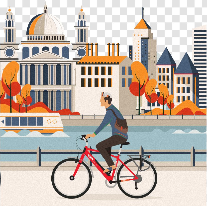 Graphic Design Behance Illustration - Art - Hand-painted Buildings And Cyclist Transparent PNG