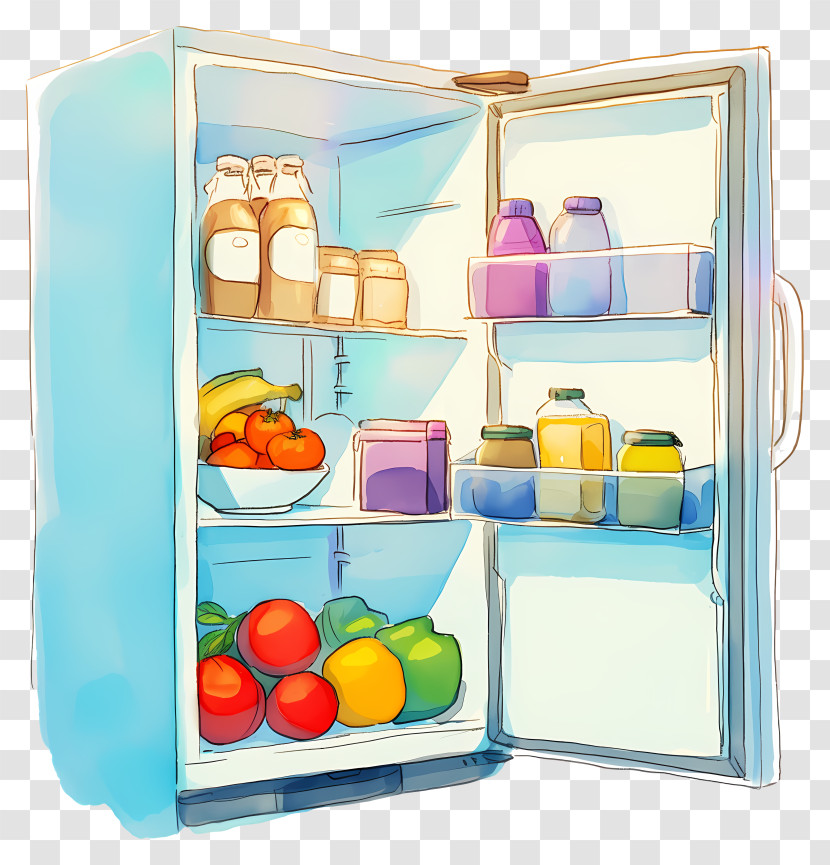 Watercolor Open Refrigerator - Open Fridge With Food And Drinks Transparent PNG