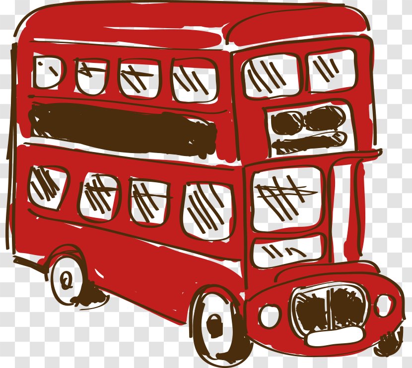 Double-decker Bus Cartoon - Red - Hand-painted Transparent PNG