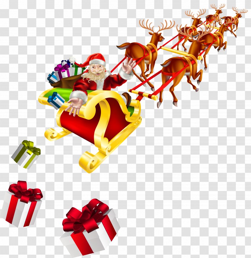 Santa Claus Christmas Sled Clip Art - Fictional Character - Cartoon And Sleigh Transparent PNG