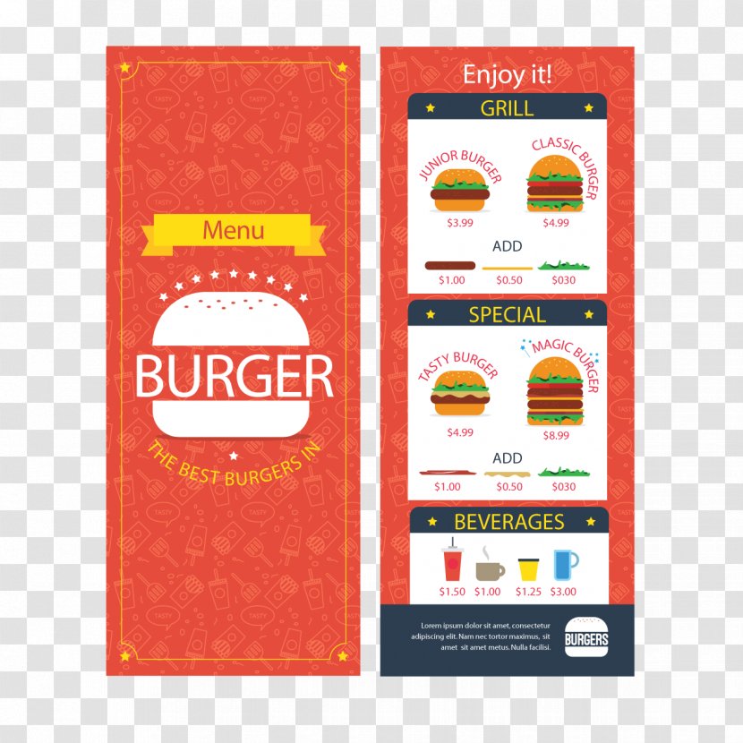 Hamburger Fast Food Cheeseburger French Fries Pizza - Poster - Burger Menu Design Vector Material Transparent PNG