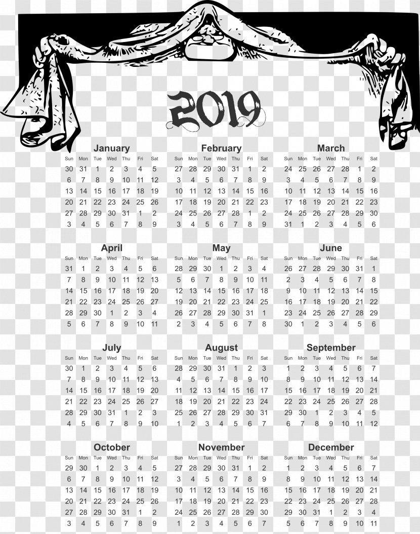 2019 Yearly Calendar Downloadable In Comic Design. - Text Transparent PNG