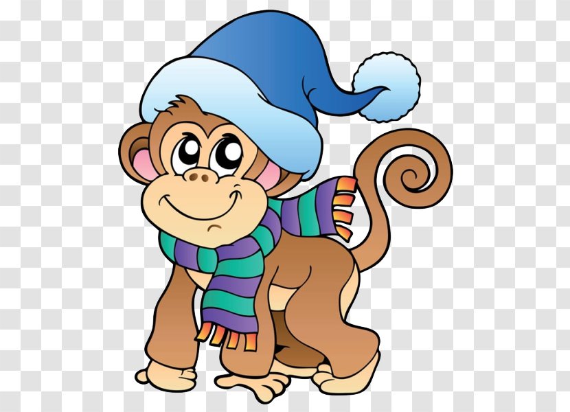 Monkey Cartoon Royalty-free Clip Art - Area - Wearing A Hat And Scarf In Winter Transparent PNG