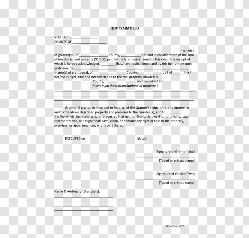 Document Quitclaim Deed Form Warranty - Paper Transparent PNG