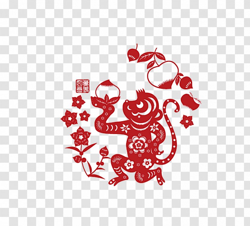 Papercutting Chinese New Year Monkey Paper Cutting - Pick Peaches Transparent PNG