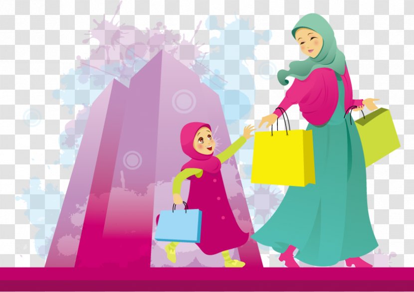 Woman Shopping Clip Art - Happiness - Vector Islamic Women And Children Transparent PNG