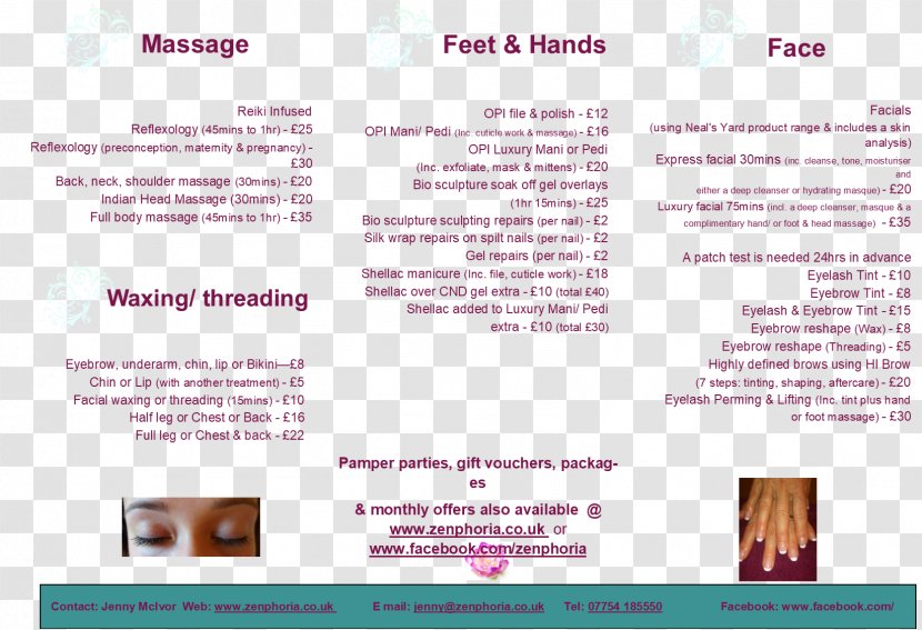 Zenphoria Champissage Massage Waxing Eyelash Extensions - Brochure Transparent PNG