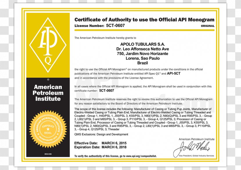 Tri-Star Industries American Petroleum Institute Certification ISO 9000 Quality Management System - Area - Tubular Transparent PNG