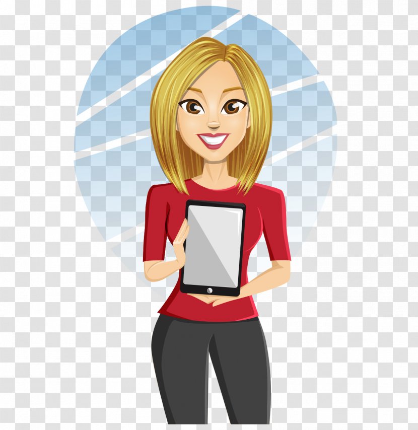 Cartoon Tablet Computer Illustration - Hand Drawn Blonde Beauty To Take Your Transparent PNG