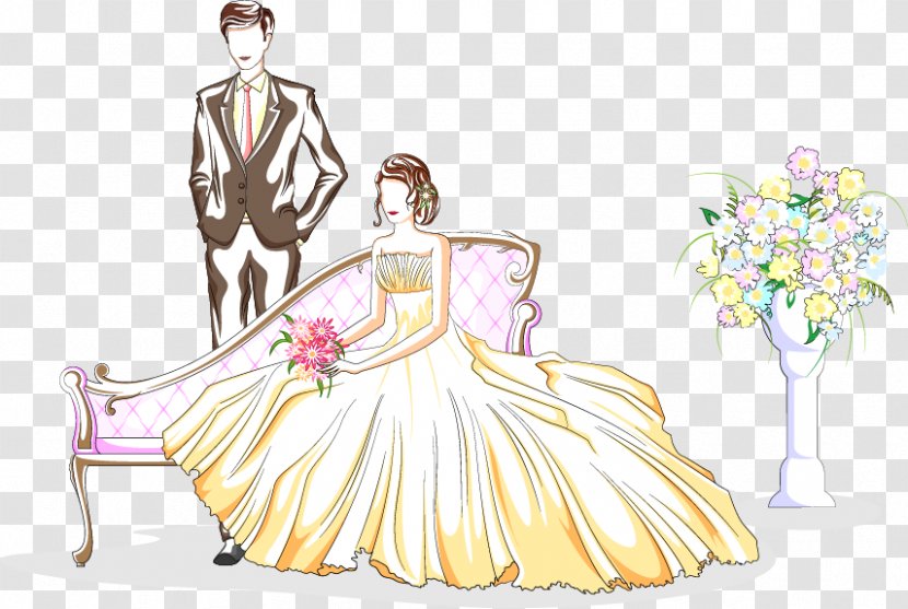 Marriage Cartoon Wedding Illustration - Valentines Day Painted The Bride And Groom Transparent PNG