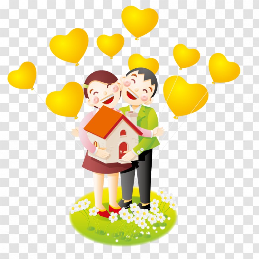 Cartoon Illustration - Yellow - Loving Couple Holding House Transparent PNG