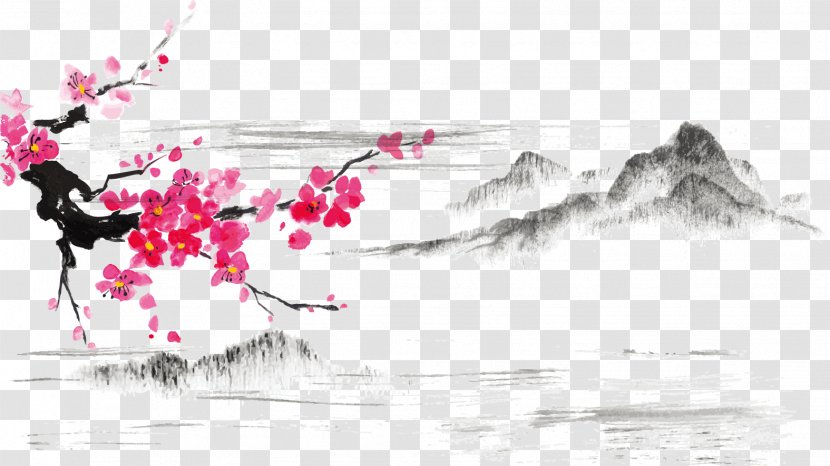 Japanese Art Ink Wash Painting Cherry Blossom - Plant - Plum Vector Material Snow Transparent PNG