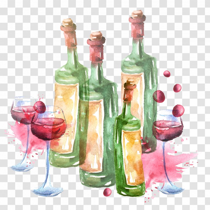 Red Wine Liqueur Glass Bottle - Painting - Painted Bottles And Glasses Transparent PNG