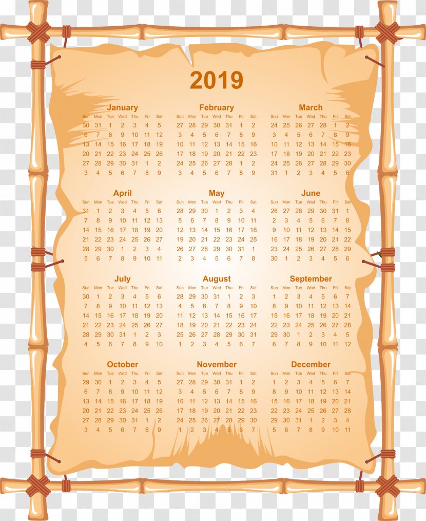2019 Calendar Full Page With Bamboo Frame. - Picture Frames Transparent PNG