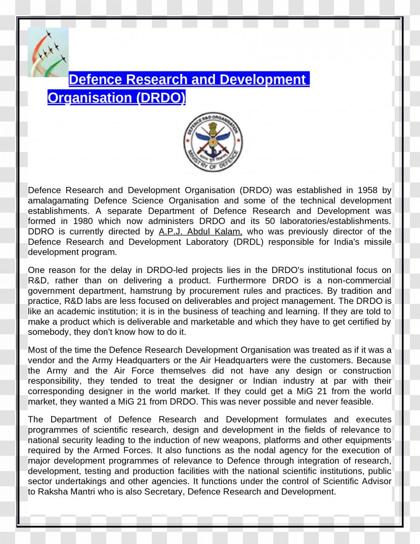 Document Line Defence Research And Development Organisation Transparent PNG