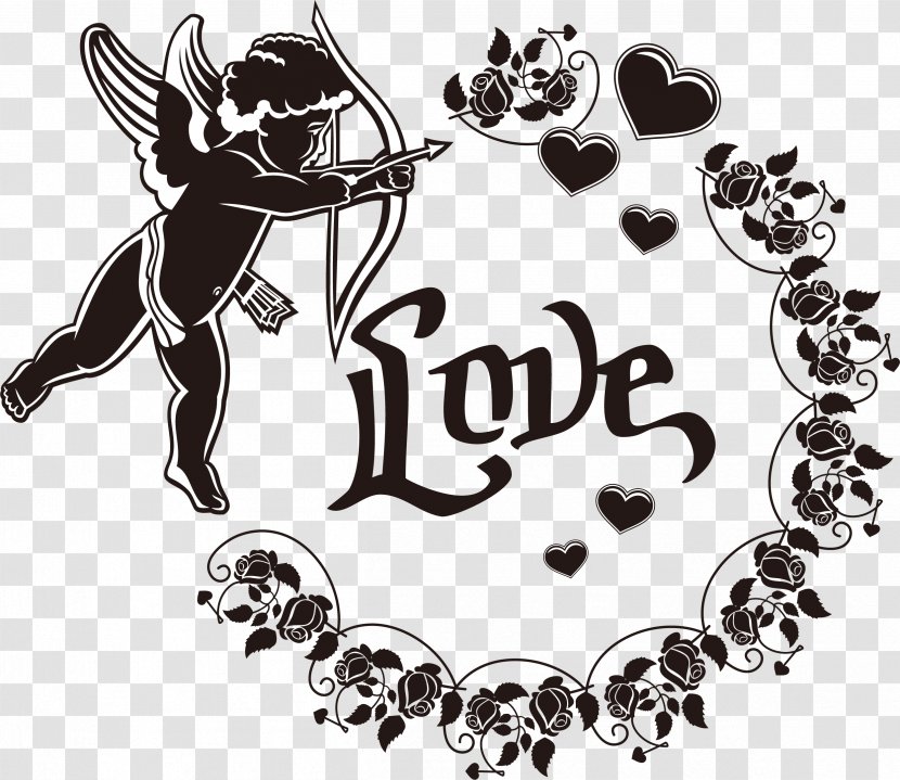 Decorative Silhouettes Cupid Heart Clip Art - Black Romantic Transparent PNG