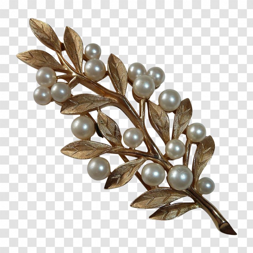 Brooch - Pearl - Green Faux Berry Branch Transparent PNG