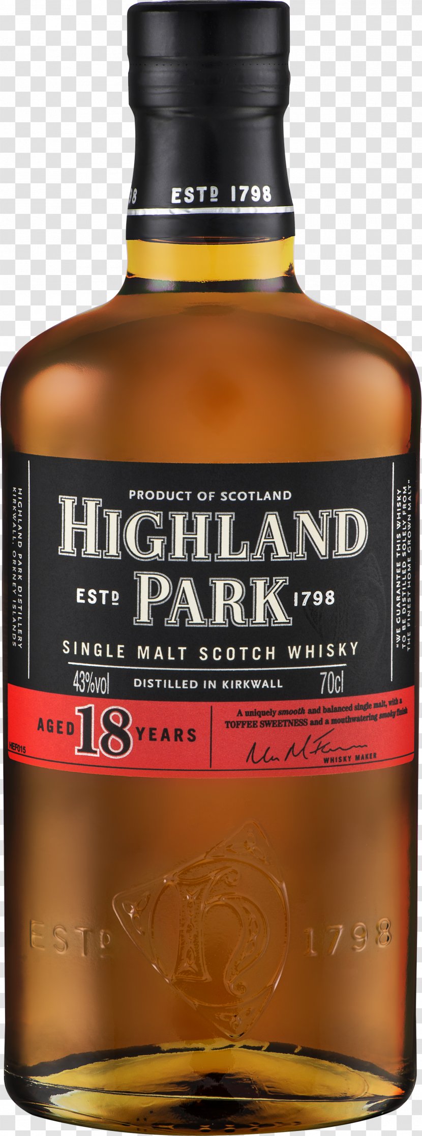 Highland Park Distillery Liqueur Glass Bottle Tennessee Whiskey - 18 Years Old Transparent PNG