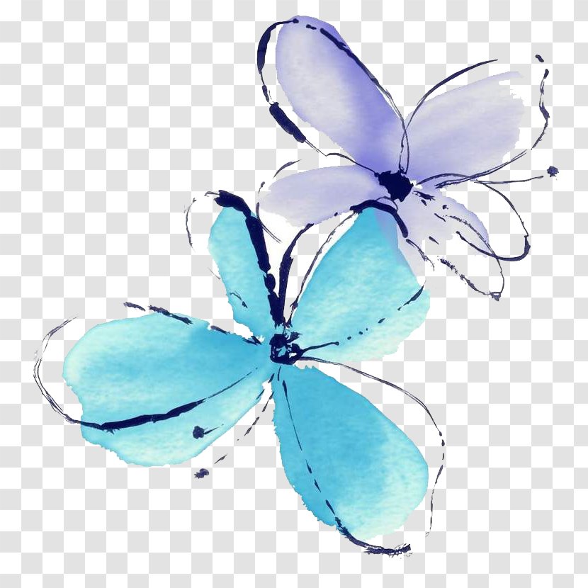 Watercolor Painting Flower Blue Illustration - Turquoise - Hand-painted Butterfly Transparent PNG