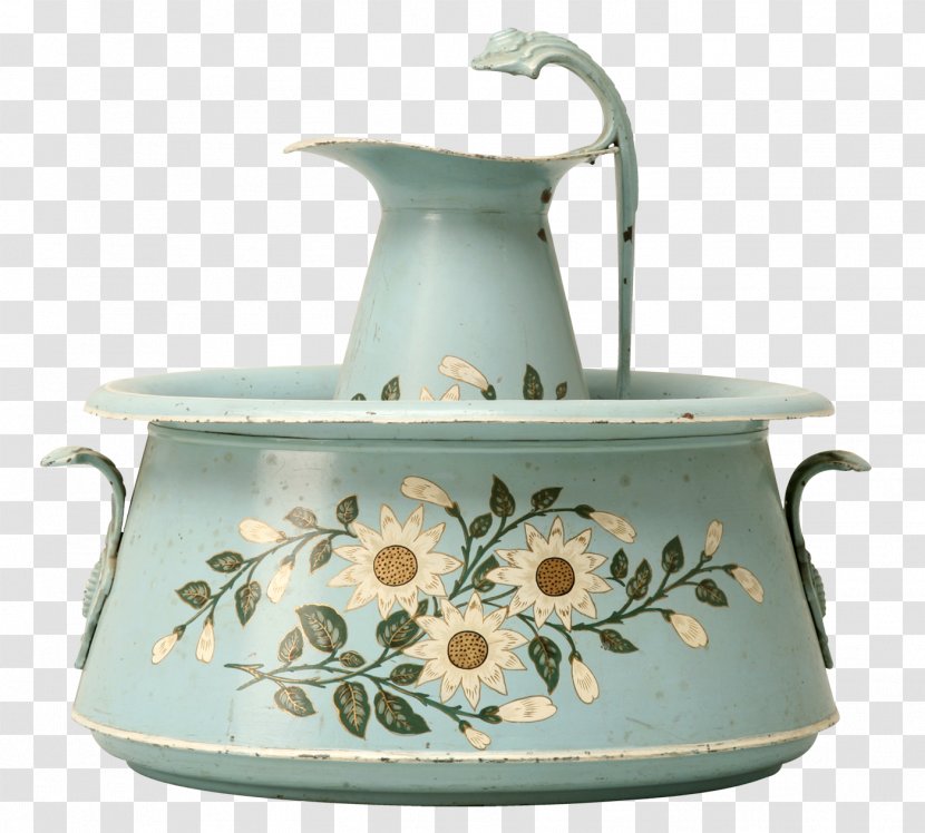 Antique Pitcher Bowl Bathroom Porcelain - Dishware - Green Flower Print Jar Transparent PNG