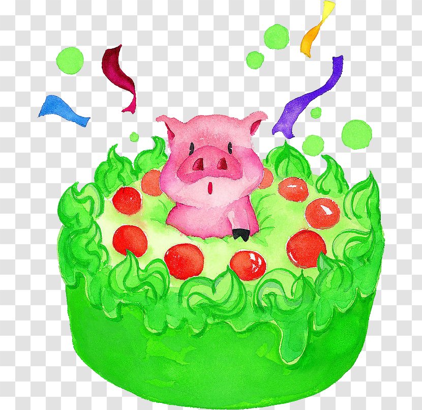 Domestic Pig Birthday Cake Watercolor Painting Drawing Transparent PNG