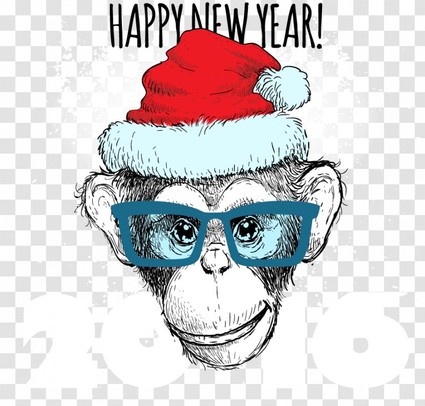 Christmas New Years Day Illustration - Greeting Card - Monkey Wearing Hats Transparent PNG