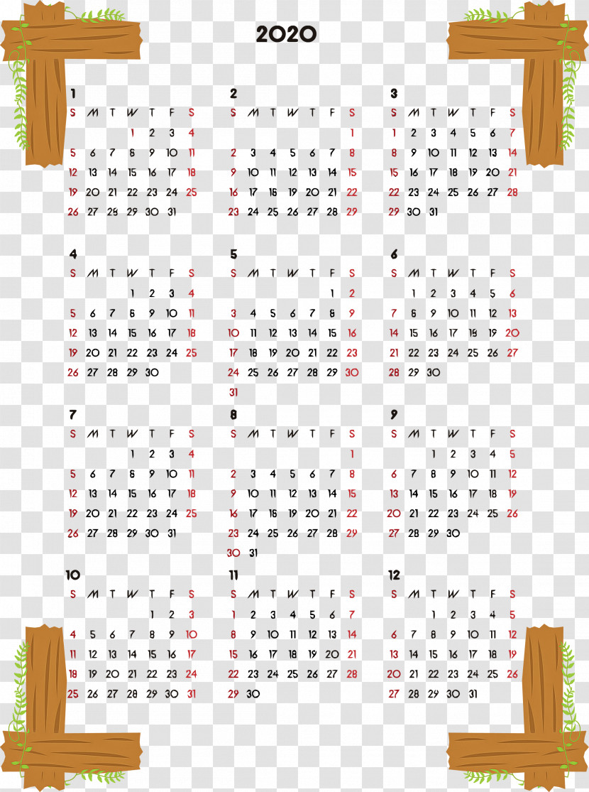 2020 Yearly Calendar Printable 2020 Yearly Calendar Year 2020 Calendar Transparent PNG