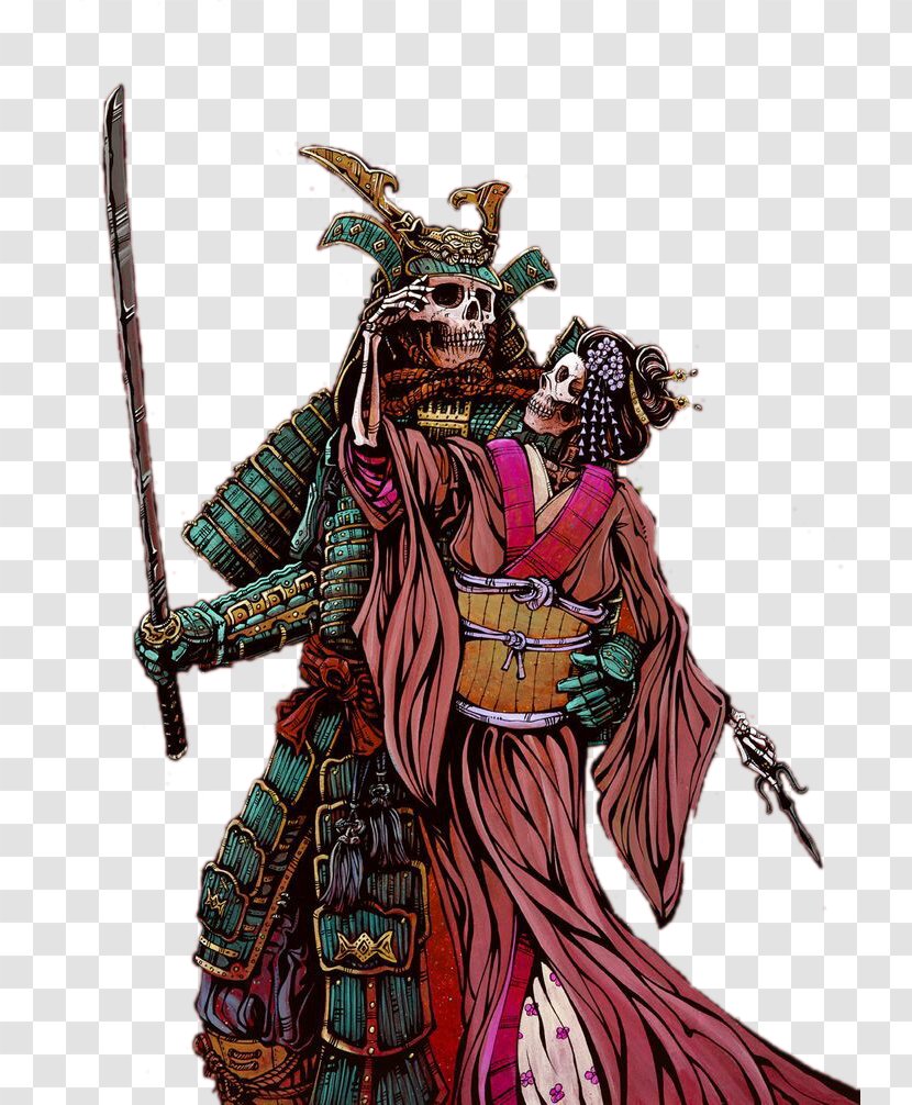Samurai Drawing Skeleton Warrior Onna-bugeisha - Painting - Japanese Skull And Bride Transparent PNG