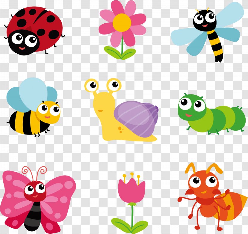 Insect Cartoon Clip Art - Animation - 9 Lovely Insects And Flowers Vector Transparent PNG