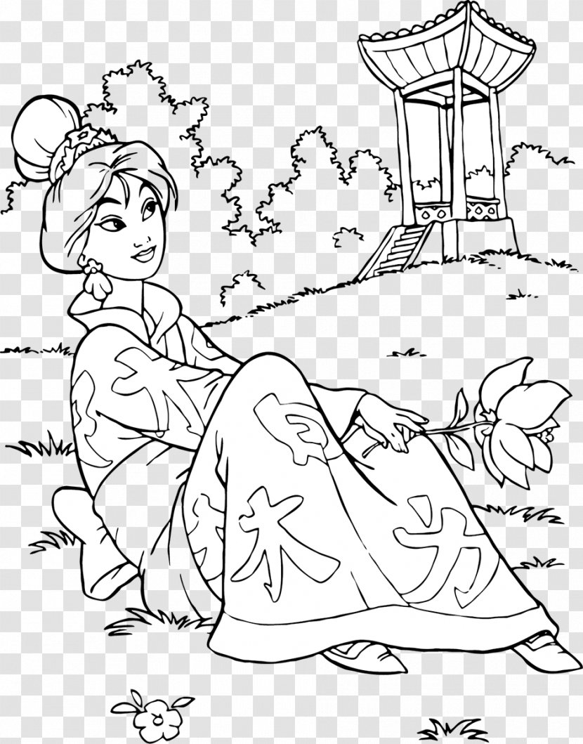 Coloring Book Princess Character Line Art - Cartoon - Mulan Transparent PNG