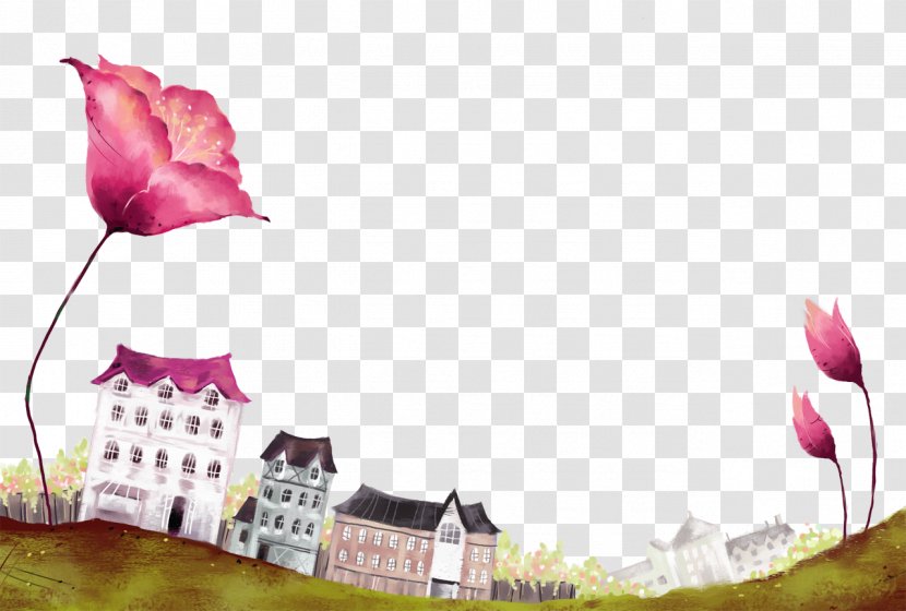 Watercolor Painting Comics Cartoon Fukei Poster - Flowers And Houses Transparent PNG