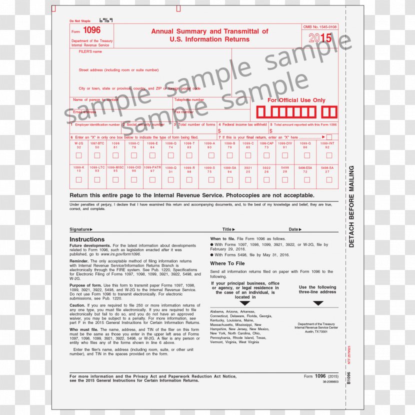 Document Form 1096 Internal Revenue Service IRS Tax Forms - Irs - Blank Ticket Stub Transparent PNG