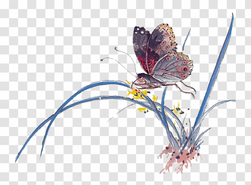 Ink Wash Painting Butterfly Chinese Art - Grass Transparent PNG