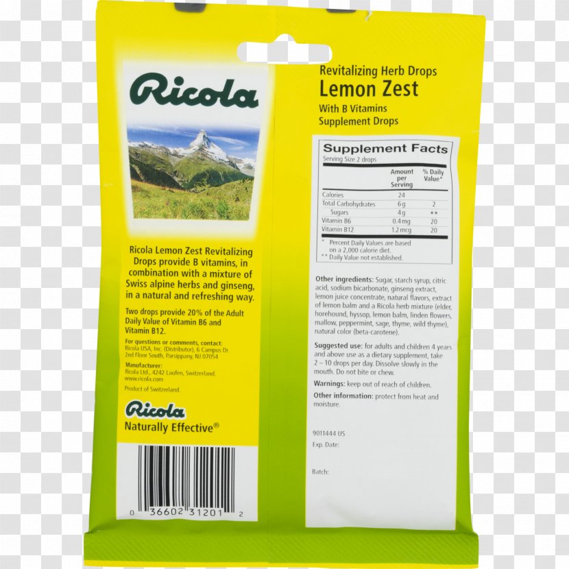 Ricola Throat Lozenge Herb Lemon Zest - Nutrition Transparent PNG